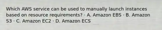 Which AWS service can be used to manually launch instances based on resource requirements? · A. Amazon EBS · B. Amazon S3 · C. Amazon EC2 · D. Amazon ECS