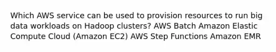 Which AWS service can be used to provision resources to run big data workloads on Hadoop clusters? AWS Batch Amazon Elastic Compute Cloud (Amazon EC2) AWS Step Functions Amazon EMR