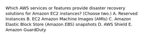 Which AWS services or features provide disaster recovery solutions for Amazon EC2 instances? (Choose two.) A. Reserved Instances B. EC2 Amazon Machine Images (AMIs) C. Amazon Elastic Block Store (Amazon EBS) snapshots D. AWS Shield E. Amazon GuardDuty