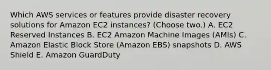 Which AWS services or features provide disaster recovery solutions for Amazon EC2 instances? (Choose two.) A. EC2 Reserved Instances B. EC2 Amazon Machine Images (AMIs) C. Amazon Elastic Block Store (Amazon EBS) snapshots D. AWS Shield E. Amazon GuardDuty