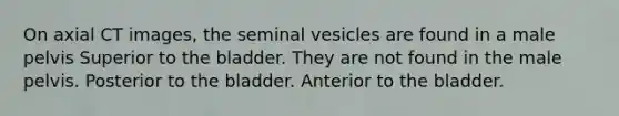 On axial CT images, the seminal vesicles are found in a male pelvis Superior to the bladder. They are not found in the male pelvis. Posterior to the bladder. Anterior to the bladder.