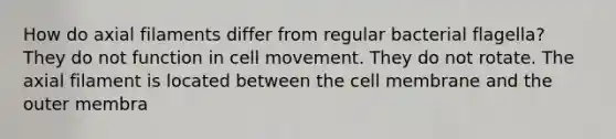 How do axial filaments differ from regular bacterial flagella? They do not function in cell movement. They do not rotate. The axial filament is located between the cell membrane and the outer membra