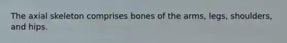 The axial skeleton comprises bones of the arms, legs, shoulders, and hips.