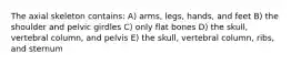 The axial skeleton contains: A) arms, legs, hands, and feet B) the shoulder and pelvic girdles C) only flat bones D) the skull, vertebral column, and pelvis E) the skull, vertebral column, ribs, and sternum