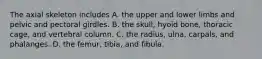 The axial skeleton includes A. the upper and lower limbs and pelvic and pectoral girdles. B. the skull, hyoid bone, thoracic cage, and vertebral column. C. the radius, ulna, carpals, and phalanges. D. the femur, tibia, and fibula.