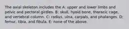 The axial skeleton includes the A: upper and lower limbs and pelvic and pectoral girdles. B: skull, hyoid bone, thoracic cage, and vertebral column. C: radius, ulna, carpals, and phalanges. D: femur, tibia, and fibula. E: none of the above.