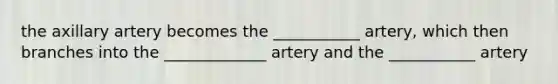 the axillary artery becomes the ___________ artery, which then branches into the _____________ artery and the ___________ artery