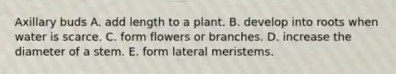 Axillary buds A. add length to a plant. B. develop into roots when water is scarce. C. form flowers or branches. D. increase the diameter of a stem. E. form lateral meristems.