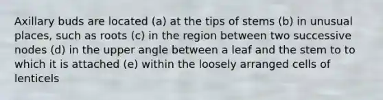 Axillary buds are located (a) at the tips of stems (b) in unusual places, such as roots (c) in the region between two successive nodes (d) in the upper angle between a leaf and the stem to to which it is attached (e) within the loosely arranged cells of lenticels