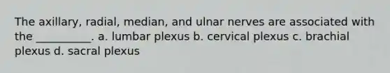 The axillary, radial, median, and ulnar nerves are associated with the __________. a. lumbar plexus b. cervical plexus c. brachial plexus d. sacral plexus