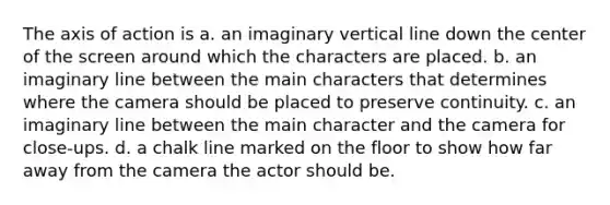 The axis of action is a. an imaginary vertical line down the center of the screen around which the characters are placed. b. an imaginary line between the main characters that determines where the camera should be placed to preserve continuity. c. an imaginary line between the main character and the camera for close-ups. d. a chalk line marked on the floor to show how far away from the camera the actor should be.