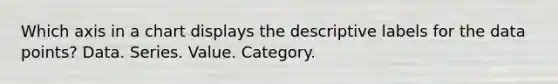 Which axis in a chart displays the descriptive labels for the data points? Data. Series. Value. Category.
