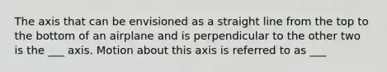 The axis that can be envisioned as a straight line from the top to the bottom of an airplane and is perpendicular to the other two is the ___ axis. Motion about this axis is referred to as ___