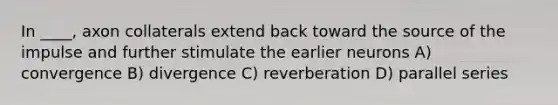 In ____, axon collaterals extend back toward the source of the impulse and further stimulate the earlier neurons A) convergence B) divergence C) reverberation D) parallel series