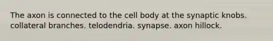 The axon is connected to the cell body at the synaptic knobs. collateral branches. telodendria. synapse. axon hillock.