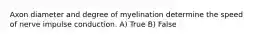 Axon diameter and degree of myelination determine the speed of nerve impulse conduction. A) True B) False