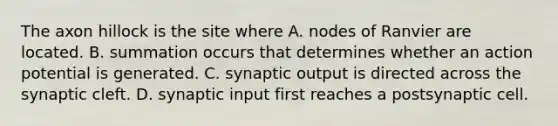 The axon hillock is the site where A. nodes of Ranvier are located. B. summation occurs that determines whether an action potential is generated. C. synaptic output is directed across the synaptic cleft. D. synaptic input first reaches a postsynaptic cell.