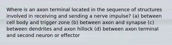 Where is an axon terminal located in the sequence of structures involved in receiving and sending a nerve impulse? (a) between cell body and trigger zone (b) between axon and synapse (c) between dendrites and axon hillock (d) between axon terminal and second neuron or effector