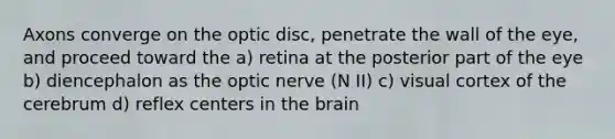 Axons converge on the optic disc, penetrate the wall of the eye, and proceed toward the a) retina at the posterior part of the eye b) diencephalon as the optic nerve (N II) c) visual cortex of the cerebrum d) reflex centers in the brain