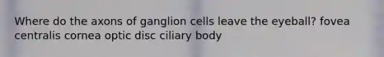 Where do the axons of ganglion cells leave the eyeball? fovea centralis cornea optic disc ciliary body