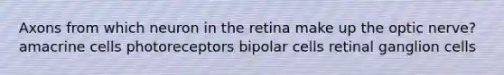 Axons from which neuron in the retina make up the optic nerve? amacrine cells photoreceptors bipolar cells retinal ganglion cells