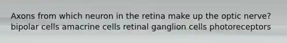 Axons from which neuron in the retina make up the optic nerve? bipolar cells amacrine cells retinal ganglion cells photoreceptors