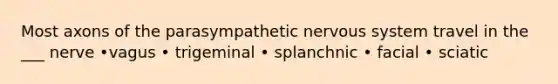 Most axons of the parasympathetic <a href='https://www.questionai.com/knowledge/kThdVqrsqy-nervous-system' class='anchor-knowledge'>nervous system</a> travel in the ___ nerve •vagus • trigeminal • splanchnic • facial • sciatic