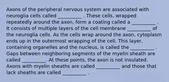 Axons of the peripheral nervous system are associated with neuroglia cells called __________ . These cells, wrapped repeatedly around the axon, form a coating called a __________ . It consists of multiple layers of the cell membrane __________ of the neuroglia cells. As the cells wrap around the axon, cytoplasm ends up in the outermost wrapping of the cell. This layer, containing organelles and the nucleus, is called the __________ . Gaps between neighboring segments of the myelin sheath are called __________. At these points, the axon is not insulated. Axons with myelin sheaths are called __________ and those that lack sheaths are called __________ .