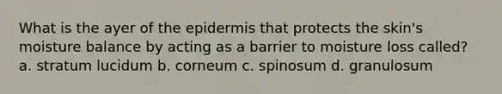 What is the ayer of the epidermis that protects the skin's moisture balance by acting as a barrier to moisture loss called? a. stratum lucidum b. corneum c. spinosum d. granulosum