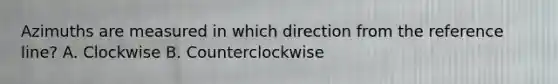 Azimuths are measured in which direction from the reference line? A. Clockwise B. Counterclockwise