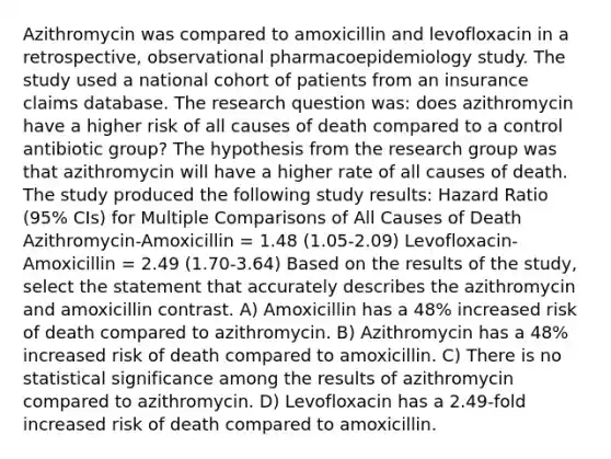 Azithromycin was compared to amoxicillin and levofloxacin in a retrospective, observational pharmacoepidemiology study. The study used a national cohort of patients from an insurance claims database. The research question was: does azithromycin have a higher risk of all causes of death compared to a control antibiotic group? The hypothesis from the research group was that azithromycin will have a higher rate of all causes of death. The study produced the following study results: Hazard Ratio (95% CIs) for Multiple Comparisons of All Causes of Death Azithromycin-Amoxicillin = 1.48 (1.05-2.09) Levofloxacin-Amoxicillin = 2.49 (1.70-3.64) Based on the results of the study, select the statement that accurately describes the azithromycin and amoxicillin contrast. A) Amoxicillin has a 48% increased risk of death compared to azithromycin. B) Azithromycin has a 48% increased risk of death compared to amoxicillin. C) There is no statistical significance among the results of azithromycin compared to azithromycin. D) Levofloxacin has a 2.49-fold increased risk of death compared to amoxicillin.