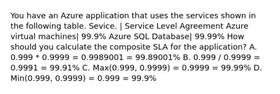 You have an Azure application that uses the services shown in the following table. Sevice. | Service Level Agreement Azure virtual machines| 99.9% Azure SQL Database| 99.99% How should you calculate the composite SLA for the application? A. 0.999 * 0.9999 = 0.9989001 = 99.89001% B. 0.999 / 0.9999 = 0.9991 = 99.91% C. Max(0.999, 0.9999) = 0.9999 = 99.99% D. Min(0.999, 0.9999) = 0.999 = 99.9%