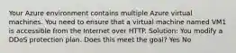 Your Azure environment contains multiple Azure virtual machines. You need to ensure that a virtual machine named VM1 is accessible from the Internet over HTTP. Solution: You modify a DDoS protection plan. Does this meet the goal? Yes No