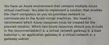 You have an Azure environment that contains multiple Azure virtual machines. You plan to implement a solution that enables the client computers on you on-premises network to communicate to the Azure virtual machines. You need to recommend which Azure resources must be created for the planned solution. Which two Azure resources should you include in the recommendation? a. a virtual network gateway b. a load balancer c. an application gateway d. a virtual network e. a gateway subnet