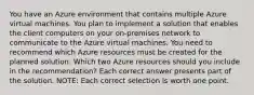 You have an Azure environment that contains multiple Azure virtual machines. You plan to implement a solution that enables the client computers on your on-premises network to communicate to the Azure virtual machines. You need to recommend which Azure resources must be created for the planned solution. Which two Azure resources should you include in the recommendation? Each correct answer presents part of the solution. NOTE: Each correct selection is worth one point.