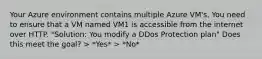 Your Azure environment contains multiple Azure VM's. You need to ensure that a VM named VM1 is accessible from the internet over HTTP. "Solution: You modify a DDos Protection plan" Does this meet the goal? > *Yes* > *No*