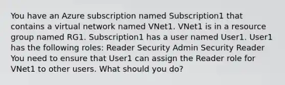 You have an Azure subscription named Subscription1 that contains a virtual network named VNet1. VNet1 is in a resource group named RG1. Subscription1 has a user named User1. User1 has the following roles: Reader Security Admin Security Reader You need to ensure that User1 can assign the Reader role for VNet1 to other users. What should you do?