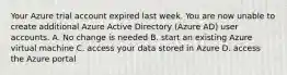 Your Azure trial account expired last week. You are now unable to create additional Azure Active Directory (Azure AD) user accounts. A. No change is needed B. start an existing Azure virtual machine C. access your data stored in Azure D. access the Azure portal