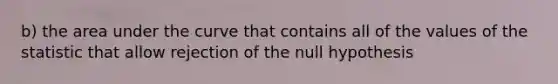 b) the area under the curve that contains all of the values of the statistic that allow rejection of the null hypothesis