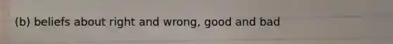 (b) beliefs about right and wrong, good and bad