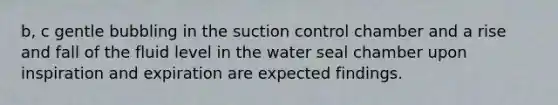 b, c gentle bubbling in the suction control chamber and a rise and fall of the fluid level in the water seal chamber upon inspiration and expiration are expected findings.