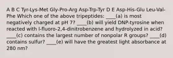 A B C Tyr-Lys-Met Gly-Pro-Arg Asp-Trp-Tyr D E Asp-His-Glu Leu-Val-Phe Which one of the above tripeptides: ____(a) is most negatively charged at pH 7? ____(b) will yield DNP-tyrosine when reacted with l-fluoro-2,4-dinitrobenzene and hydrolyzed in acid? ____(c) contains the largest number of nonpolar R groups? ____(d) contains sulfur? ____(e) will have the greatest light absorbance at 280 nm?