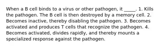 When a B cell binds to a virus or other pathogen, it _____. 1. Kills the pathogen. The B cell is then destroyed by a memory cell. 2. Becomes inactive, thereby disabling the pathogen. 3. Becomes activated and produces T cells that recognize the pathogen. 4. Becomes activated, divides rapidly, and thereby mounts a specialized response against the pathogen.