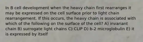 In B cell development when the heavy chain first rearranges it may be expressed on the cell surface prior to light chain rearrangement. If this occurs, the heavy chain is associated with which of the following on the surface of the cell? A) invariant chain B) surrogate light chains C) CLIP D) b-2 microglobulin E) it is expressed by itself