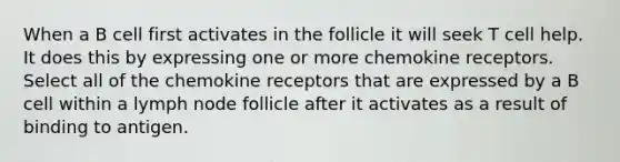 When a B cell first activates in the follicle it will seek T cell help. It does this by expressing one or more chemokine receptors. Select all of the chemokine receptors that are expressed by a B cell within a lymph node follicle after it activates as a result of binding to antigen.