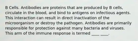 B Cells. Antibodies are proteins that are produced by B cells, circulate in the blood, and bind to antigens on infectious agents. This interaction can result in direct inactivation of the microorganism or destroy the pathogen. Antibodies are primarily responsible for protection against many bacteria and viruses. This arm of the immune response is termed ____ ____.