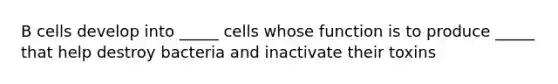 B cells develop into _____ cells whose function is to produce _____ that help destroy bacteria and inactivate their toxins