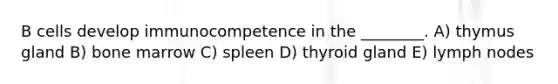 B cells develop immunocompetence in the ________. A) thymus gland B) bone marrow C) spleen D) thyroid gland E) lymph nodes