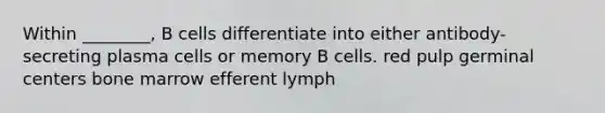 Within ________, B cells differentiate into either antibody-secreting plasma cells or memory B cells. red pulp germinal centers bone marrow efferent lymph