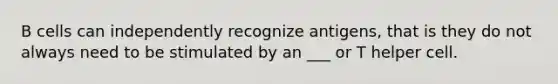 B cells can independently recognize antigens, that is they do not always need to be stimulated by an ___ or T helper cell.